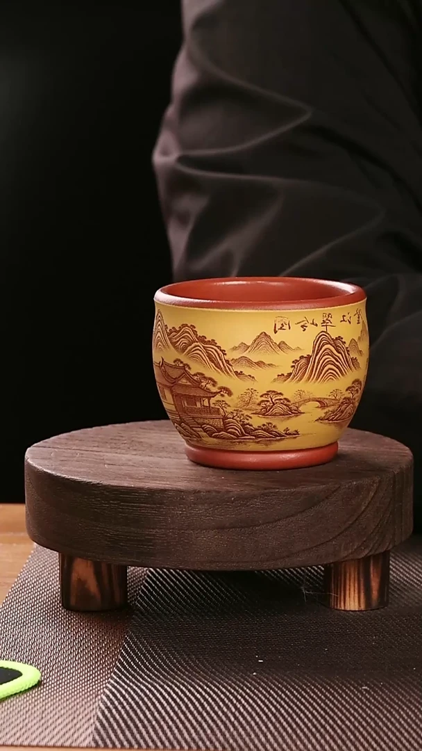 茶杯紫砂清水泥粉浆黄紫砂手工刻绘主人杯200CC
