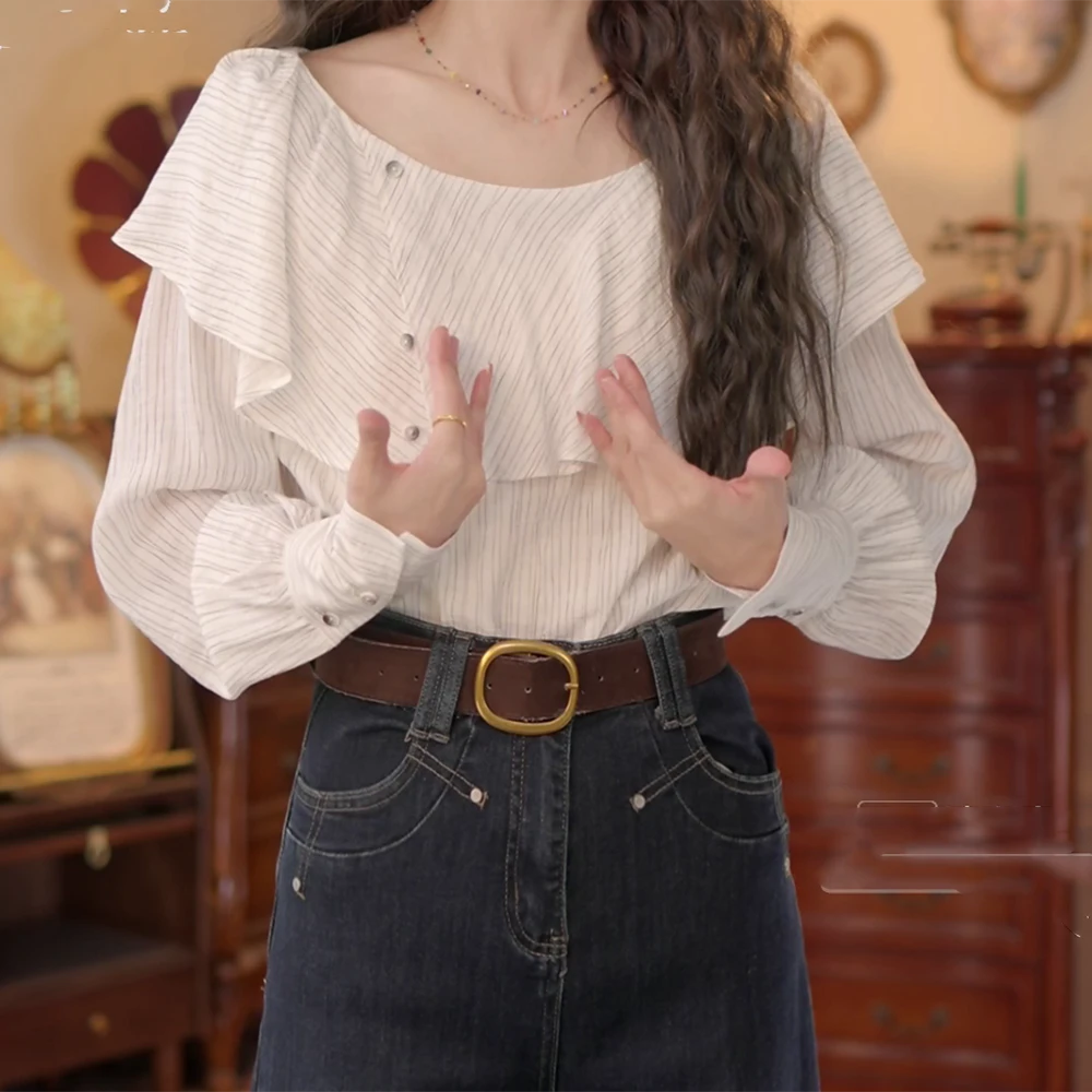 【香草云朵】港风复古条纹设计长袖百搭宽松衬衫C6079