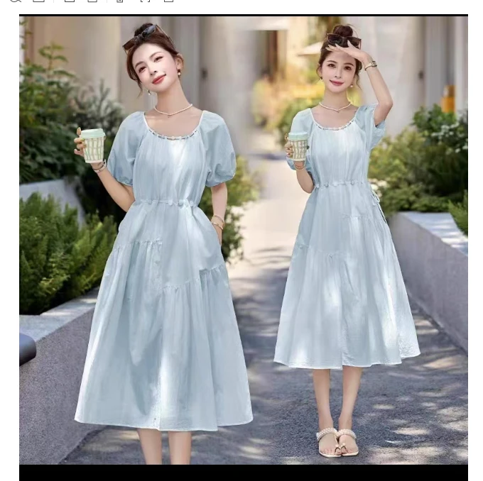 度假风不规则圆领短袖连衣裙女夏收腰抽绳系带垂感大摆裙HJ-1832