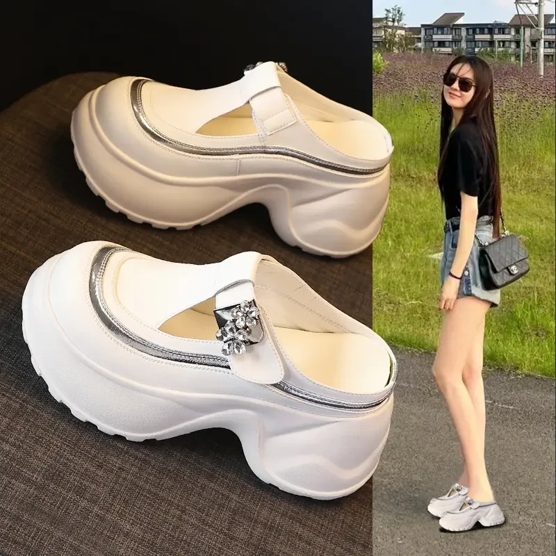 厚底增高9cm小个子包头拖鞋女2025百搭一脚蹬懒人鞋网红半拖