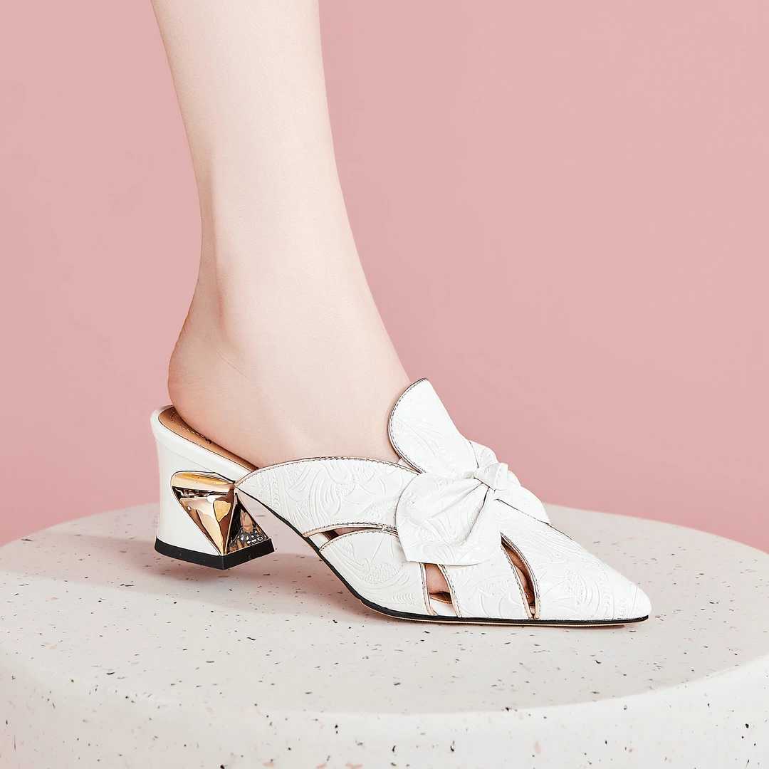 百搭真皮包头粗跟凉拖鞋女夏季外穿时尚蝴蝶结凉鞋镂空拖鞋中跟