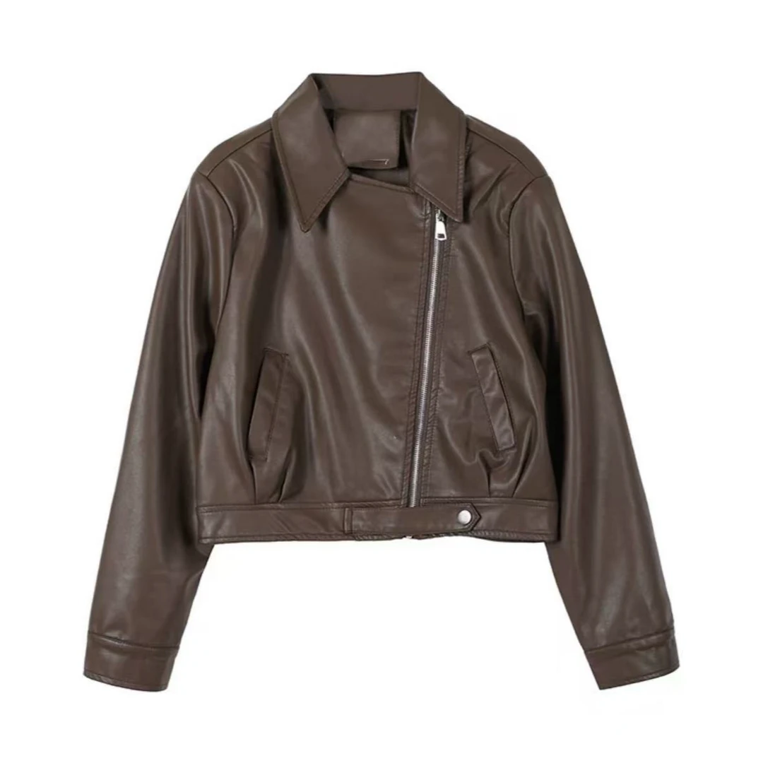 241咖色短款翻领皮衣女设计感小众斜拉链长袖外套