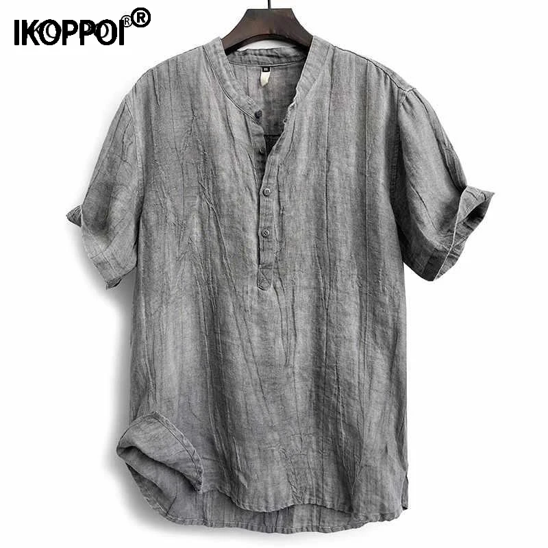 高端纯亚麻唐装t恤男士短袖中国风上衣夏季宽松潮牌立领半袖体恤