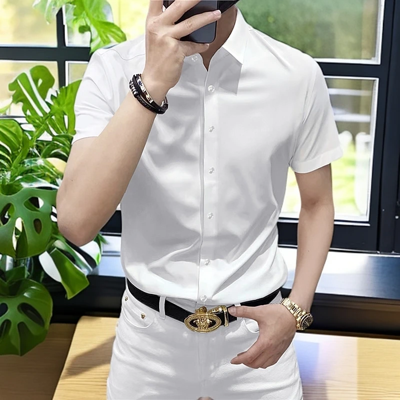 高级感轻奢白色商务短袖衬衫夏装爆款舒适透气男士修身免烫衬衣男