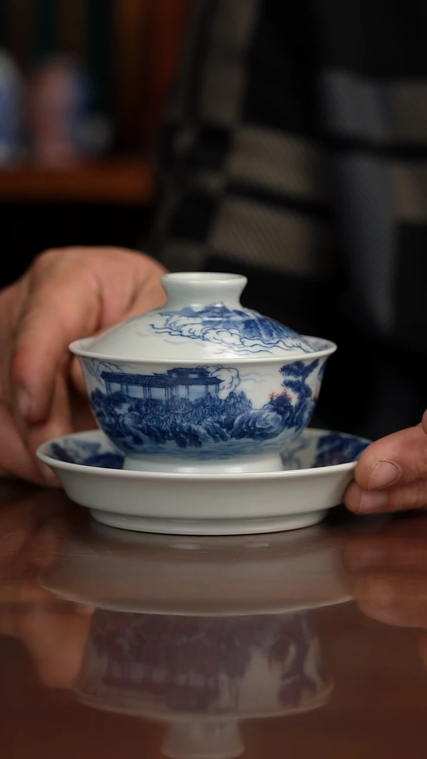 景琳藏青花北派山水盖碗