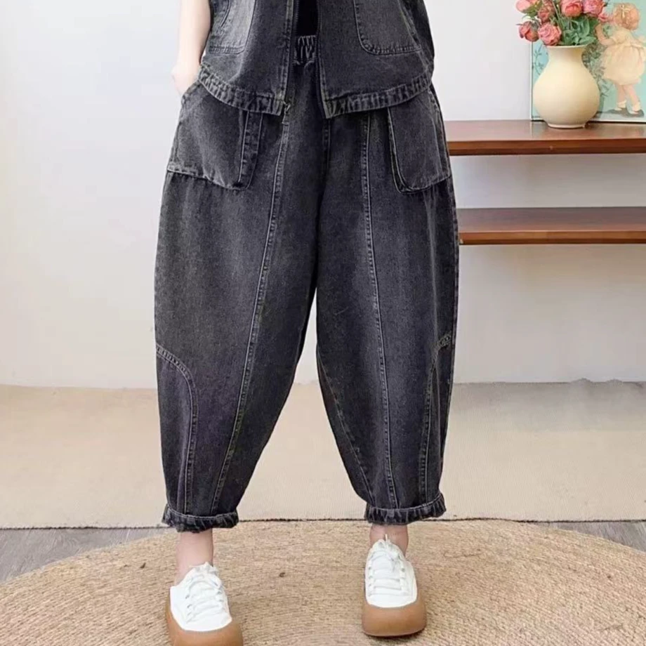 9086新款春秋休闲减龄显瘦宽松水洗牛仔裤哈伦裤