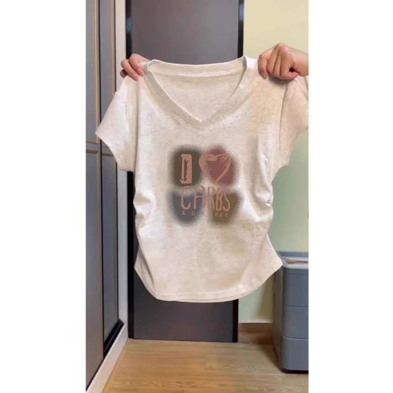 不规则褶皱V领短袖t恤女夏季设计感修身短款小个子正肩体恤上衣