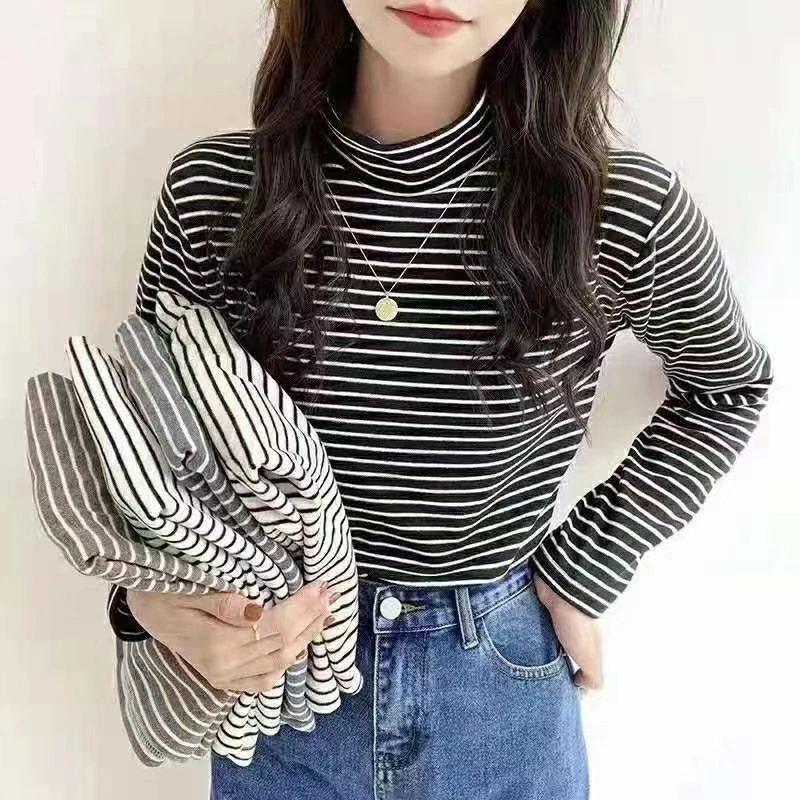 细条纹打底衫女秋冬半高领休闲百搭长袖T恤时尚修身内搭条纹上衣
