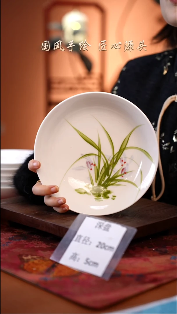 陶瓷景德镇高温釉中彩深盘直径20高5
