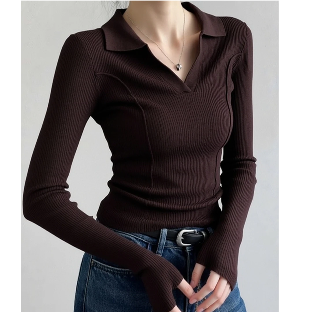 法式复古polo衫翻领针织打底衫女秋冬毛衣内搭高级感气质长袖上衣