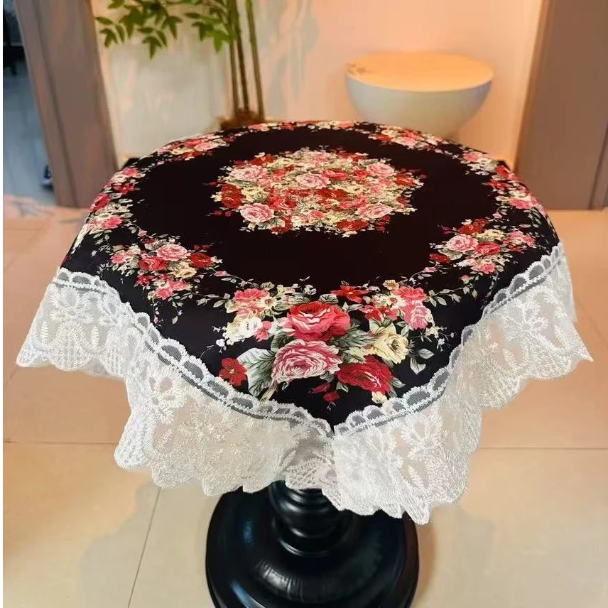 60*60（含花边）黑色绒布印花欧美风万能盖巾