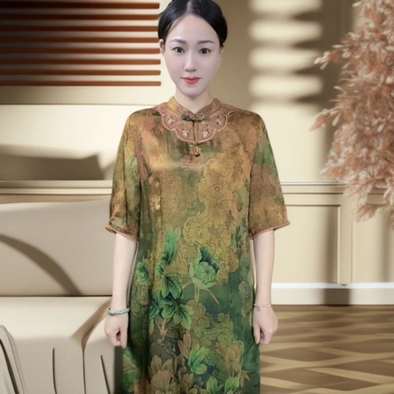 【琼枝玉叶】新中式国风复古刺绣连衣裙妈妈装中长款洋气改良旗袍裙