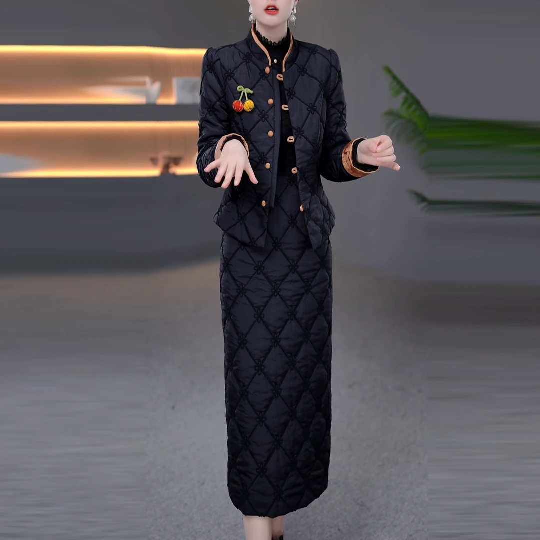 新中式保暖两件套时尚洋气百搭优雅夹棉修身超收腰超显瘦秋冬