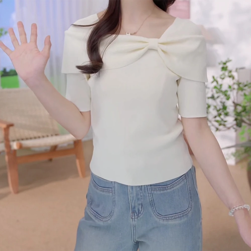 【欧若风新品】夏季时尚舒适休闲百搭绣花圆领短袖针织衫女