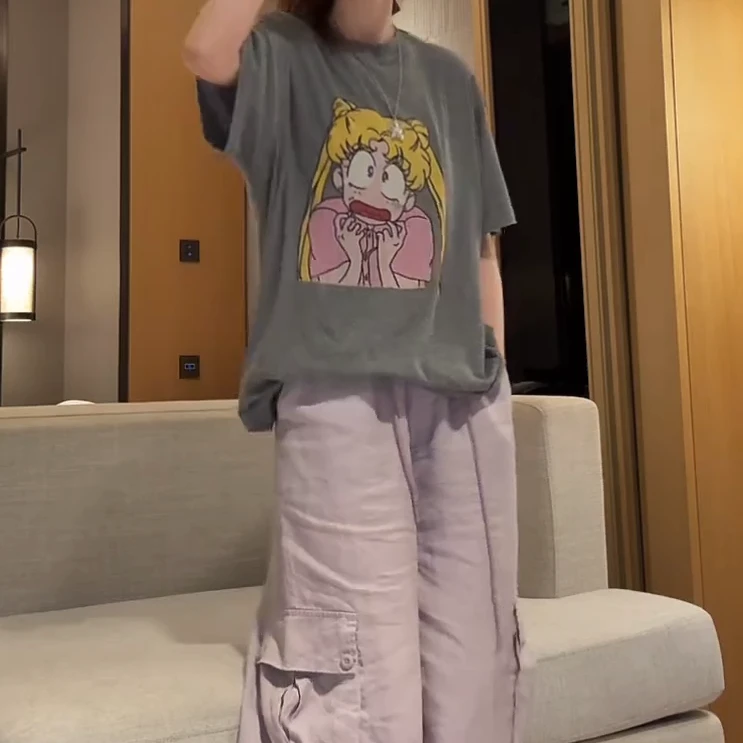 搞怪美少女卡通印花正肩宽松圆领短袖美式休闲减龄T恤C5722