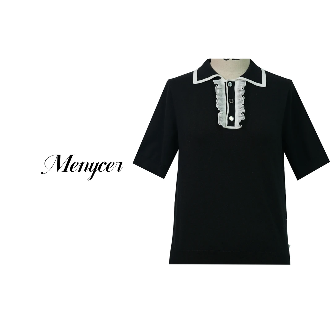 XM250129-气质简约织带编织POLO小翻领桂花针短袖针织衫上衣