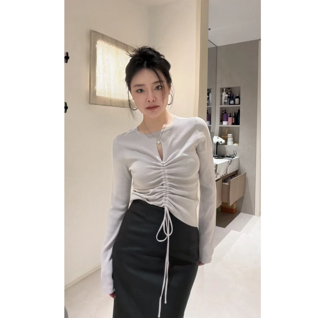 高定设计款爽滑面料抽绳针织衫