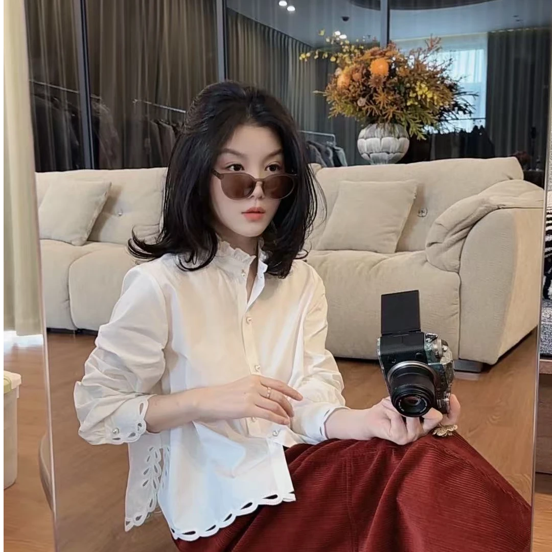 【悦悦专属】复古花边立领气质设计镂空小众衬衫Y1227