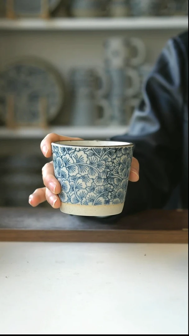 陶粗陶青花手绘银杏猪口杯220ml@7-7@