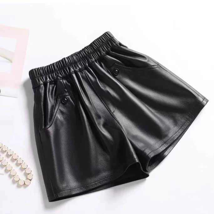高腰常规款冬季短裤黑色百搭皮裤秋冬阔腿松紧腰洋气休闲外穿