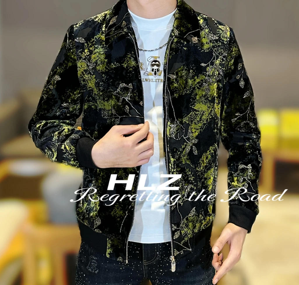 2025男士秋冬新款休闲高品质潮流时尚撞色植绒花朵翻领夹克外套