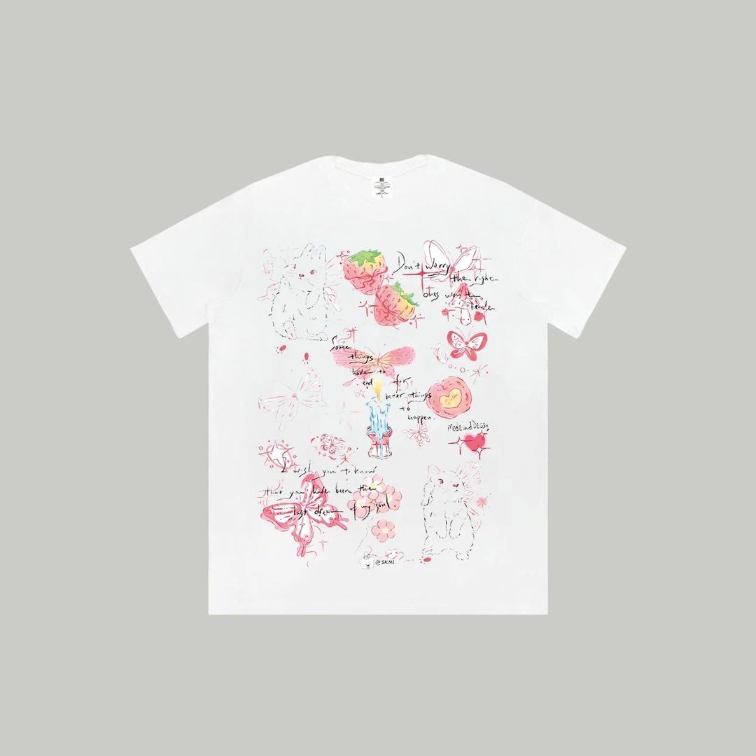 【蝴蝶小兔】新品潮流夏季透气宽松T恤白色休闲情侣春夏个性印花