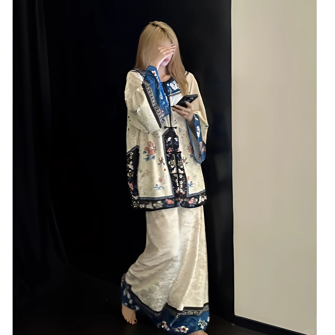 新中式高雅花卉金丝绒睡衣女温柔优雅气质早秋新款家居服套装外穿