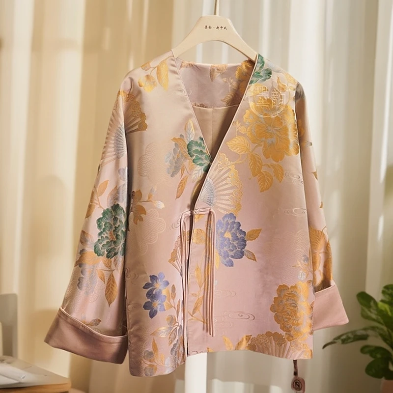 【折扇牡丹】新中式女装真丝斜襟折扇牡丹幂幂款外套2024秋季