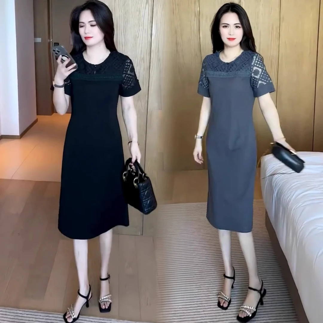 韩版时尚连衣裙女士夏季新款洋气镂空拼接A字裙减龄短袖中长裙薄