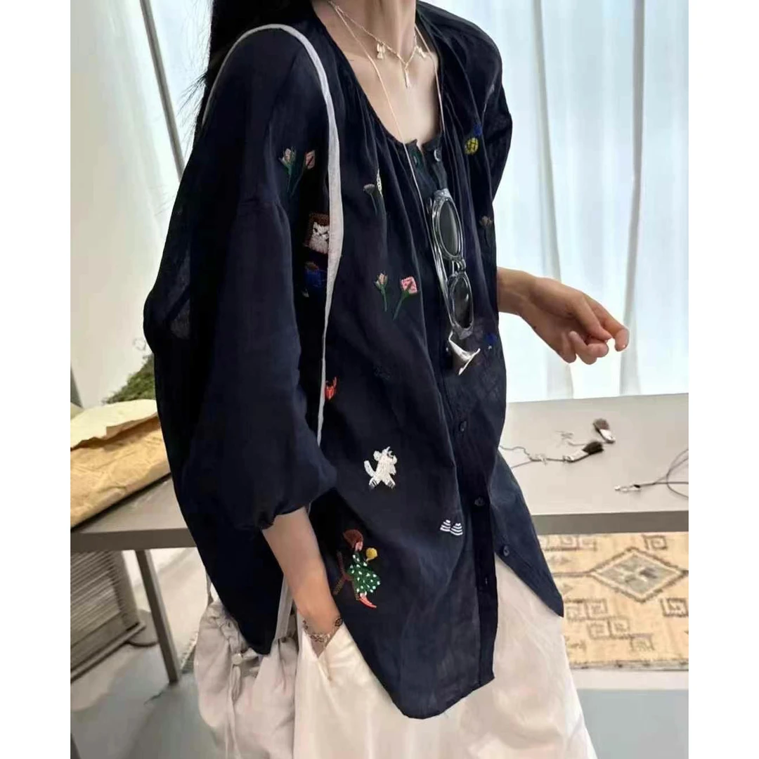 【褚培培自制】“小动物与鲜花”-100%苎麻-半夏设计感刺绣简奢衫女