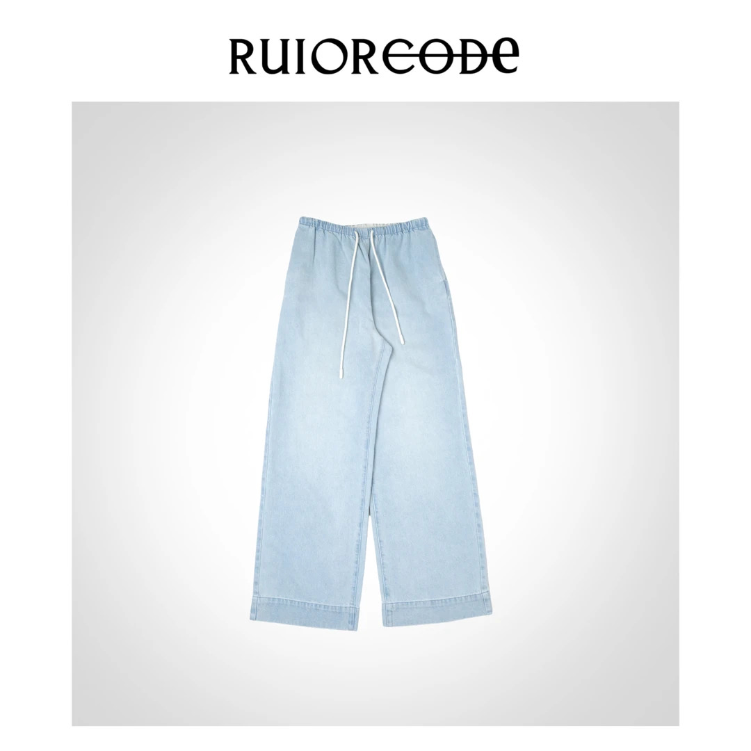 【RUIORCODE】浅蓝色抽绳松紧腰宽边脚口牛仔裤 理性消费##