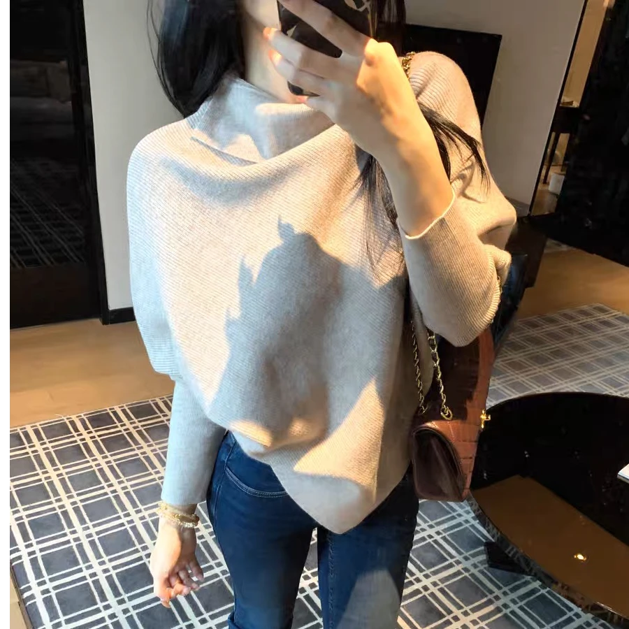 慵懒风秋冬季设计感孕妇装宽松蝙蝠袖针织时尚打底衫半高领毛衣女