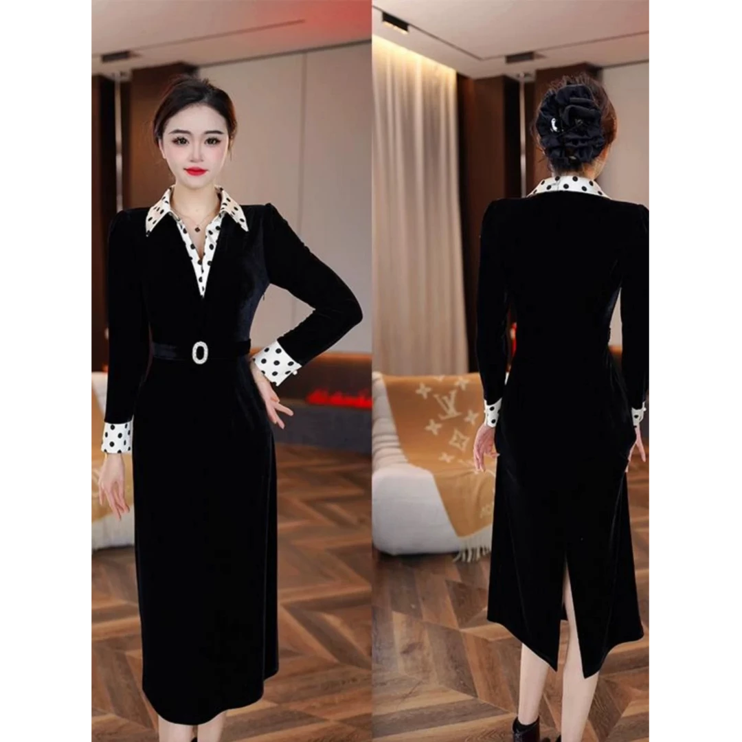 高级感洋气法式礼服裙2025时尚波点拼接修身显瘦D5105