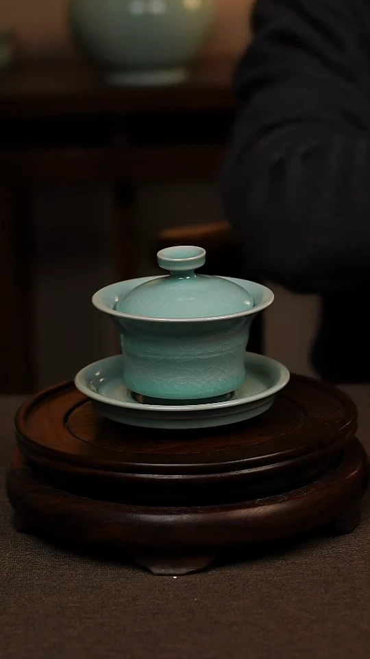 瓷片仿古青绿釉全手工三才竹节盖碗130ml 一级 礼盒包装