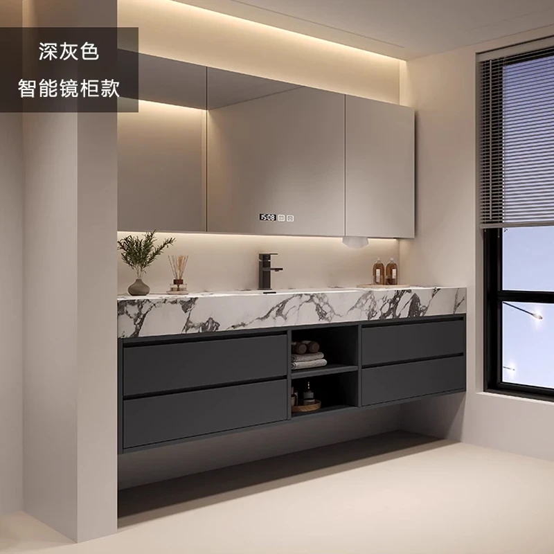 现代简约岩板浴室柜无缝陶瓷盆卫生间洗手洗脸盆洗漱台卫浴柜组合