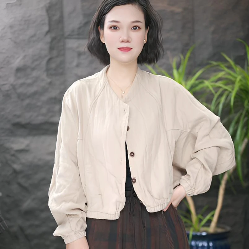 FF复古立领纯色短外套秋季休闲风短款圆领宽松长袖女韩版