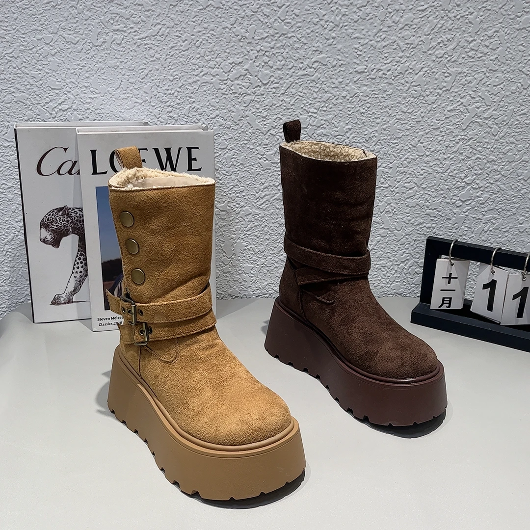 厚底增高7CM加绒加厚翻毛口雪地靴女冬新款小个子短靴东北大棉鞋