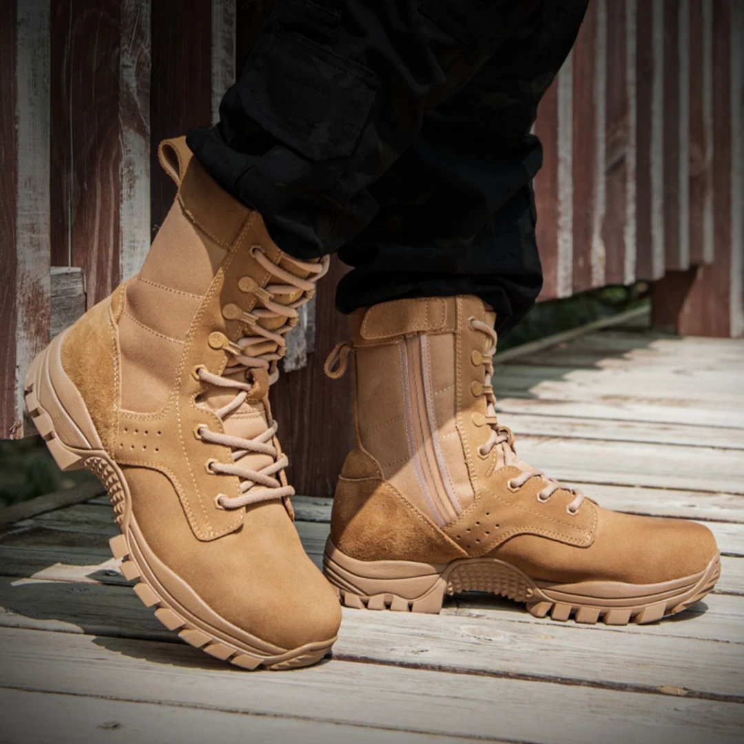 Jinho/金猴男鞋套式作战训靴户外训练牛皮防穿刺沙漠靴真皮越野靴
