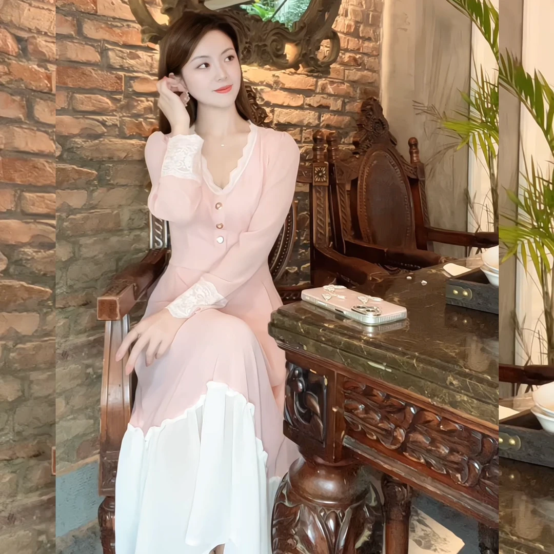 千语栀【霓裳羽衣】甜美伊人~法式复古气质粉色连衣裙V领柔美两件套