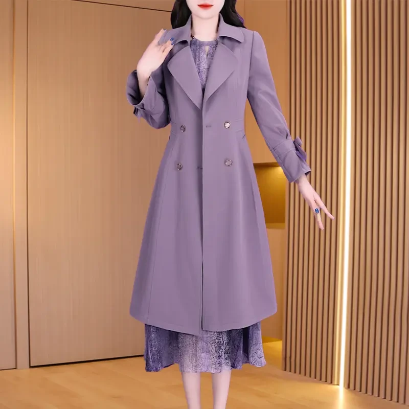 修身紫色双排扣风衣外套女士春季小个子妈妈气质时尚洋气减龄百搭