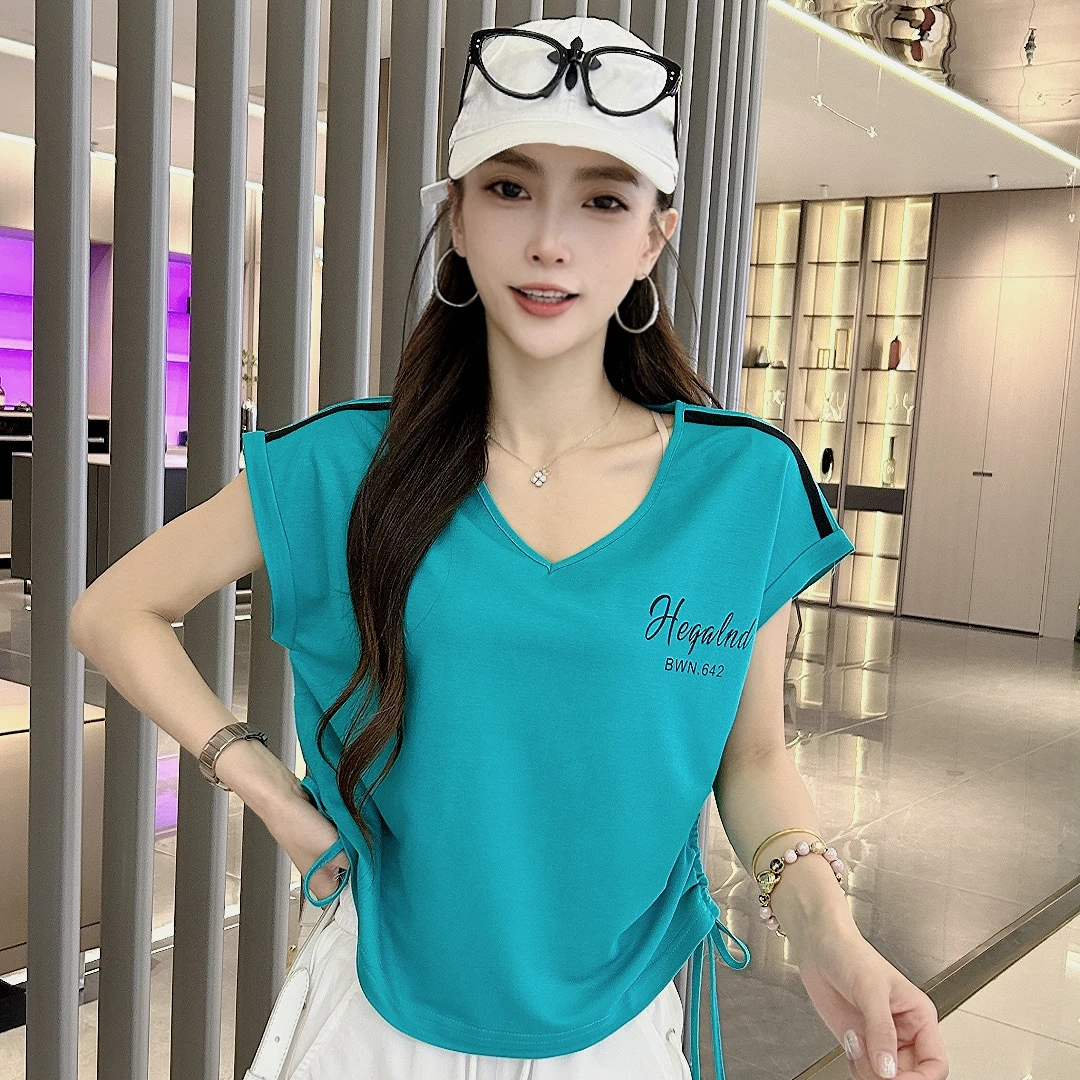 9582夏季薄款冰棉T恤落肩袖V领透气上衣宽松抽绳飘带显瘦无袖女