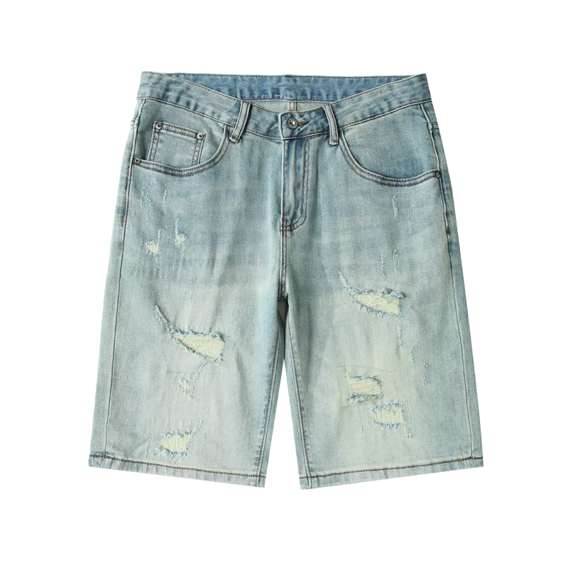 罗尔基那斯夏季高端复古破洞牛仔短裤男修身直筒潮流百搭五分中裤