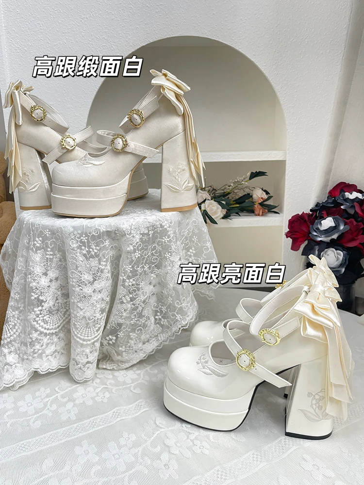 现货浮梦铃兰原创lo鞋防水台高跟优雅小众百搭缎面蝴蝶结玛丽珍鞋