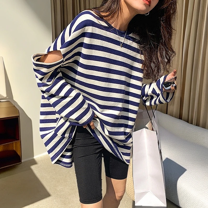 专柜商场撤回 秋冬出行新款宽松显瘦中长款条纹长袖T恤女网红破洞