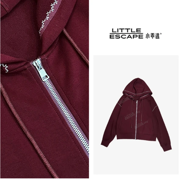 小乖逃休闲时尚红色外套花边连帽白线百搭款250938