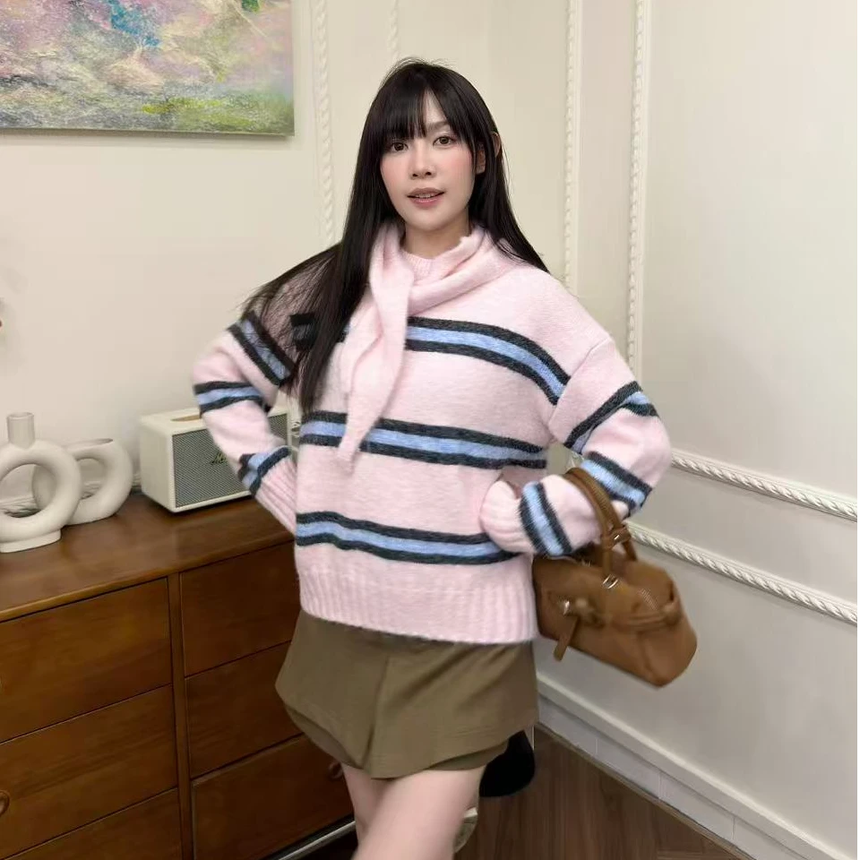 撞色条纹减龄韩系休闲显瘦针织毛衣（配披肩）#1088