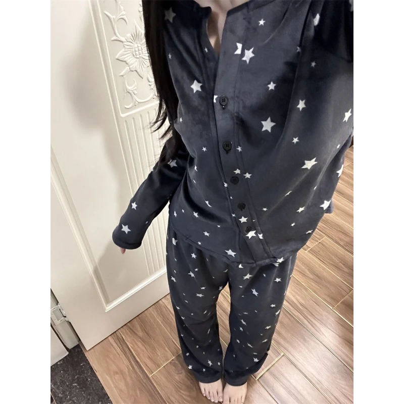 韩版显瘦星星海岛绒睡衣套装女春秋新款保暖开衫长裤家居服两件套