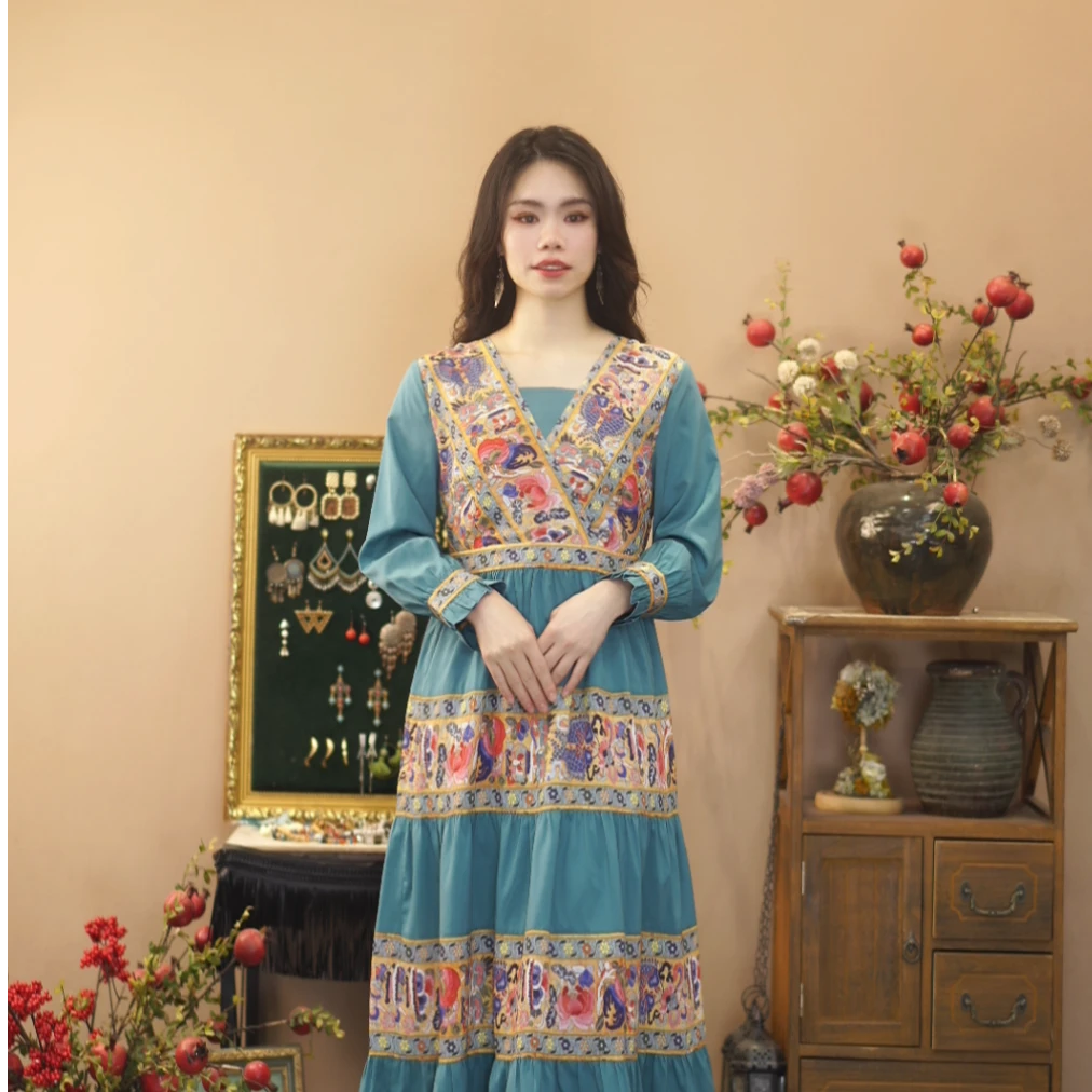 红裳时尚女装连衣裙显瘦春款国风复古中长款优雅民族风气质B901