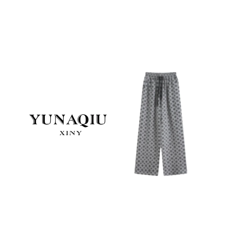 YUNAQIU-阔腿裤老花灰色休闲裤-9595