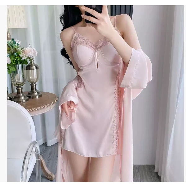 爆款2025夏秋新款纯欲风冰丝睡衣性感镂空吊带裙外袍两件套家居服